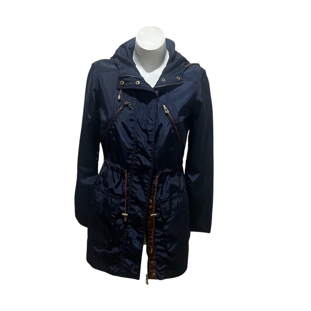 Zara Basic Womens Anorak Rain Jacket Navy Blue Hooded Full Zip Size S